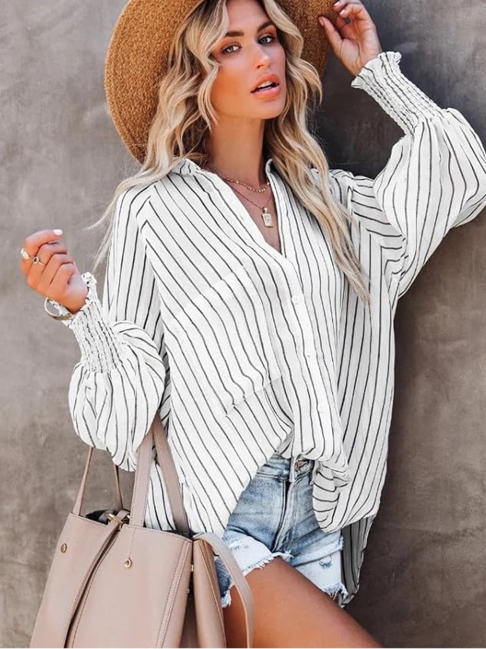 Striped White and Black Button-Front Tunic Top